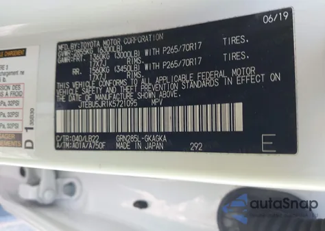 2019 Toyota 4Runner Sr5 Premium z USA, uszkodzony, nr VIN JTEBU5JR1K5721095